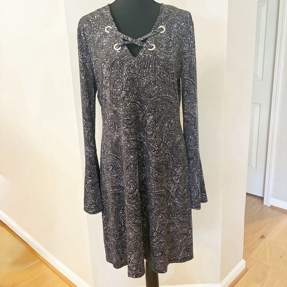 MICHAEL Michael Kors Black Metallic Swirl Long Flare sleeve dress Size Large